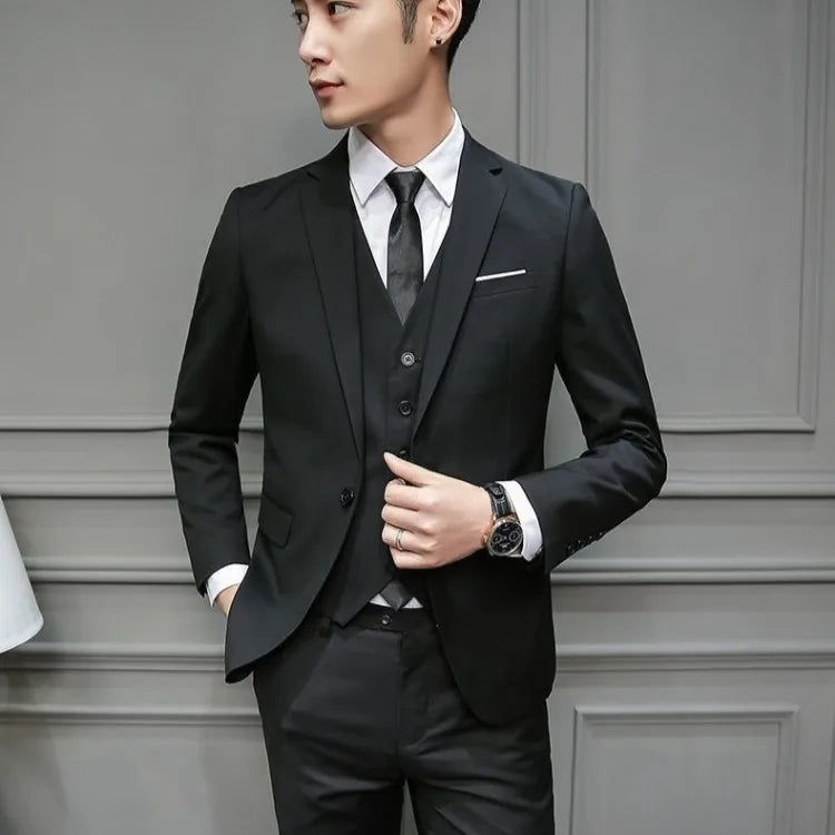 Men Suit 3 Piece Set Slim Fit Korean Style Best Man Groom Wedding Tuxedo Brother Group Formal Attire