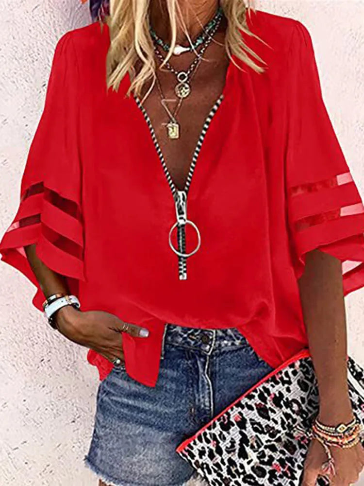 Summer Shirt Elegant Women Lace Patchwork Flared Sleeve Mesh White Blouse Women Zipper V-Neck Loose Casual Tops Streetwear Femal