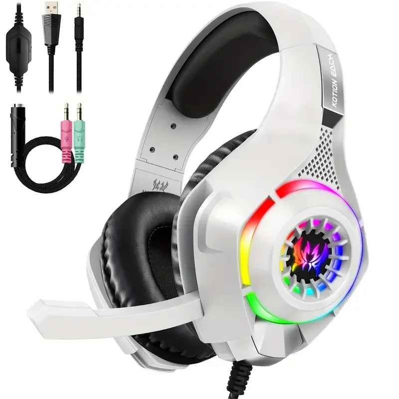 Gaming Headset for PC, PS4, PS5, Gaming Headphones with Noise Cancelling Mic RGB Light, Bass Surround, Soft Memory Earmuffs Over