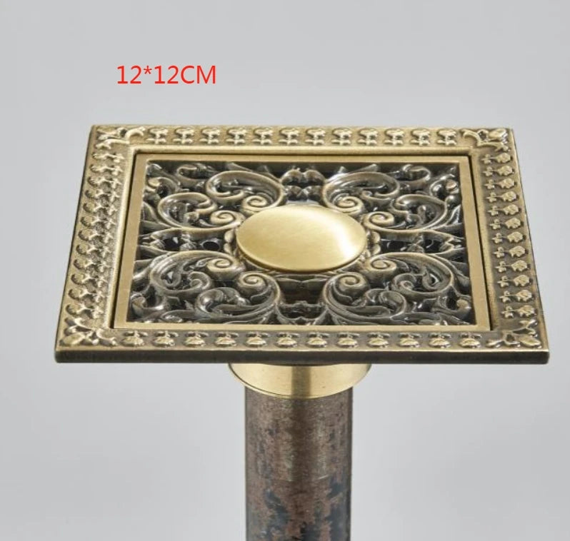 Shower Drains 10*10cm Square Bath Drains Strainer Hair Antique Brass Fish Carved Bathroom Floor Drain Waste Grate Drain
