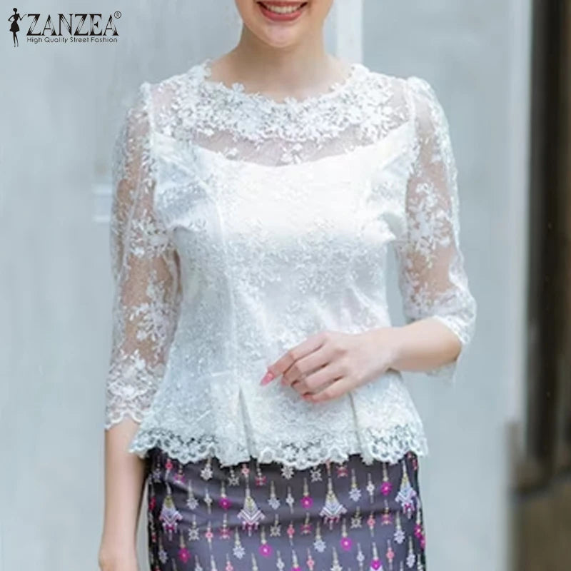 Summer Lace Blouse Women Tops Vintage Hollow Out Floral Blusas 3/4 Sleeve O Neck Tunics 2025 ZANZEA Casual Transparent Pullover