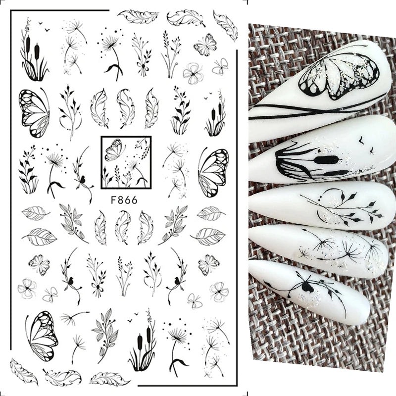 1PCS Black White Butterfly Laser Nail Stickers Y2K Nail Art Decoration Abstract Lines Bronzing Flowers Stickers For Nails