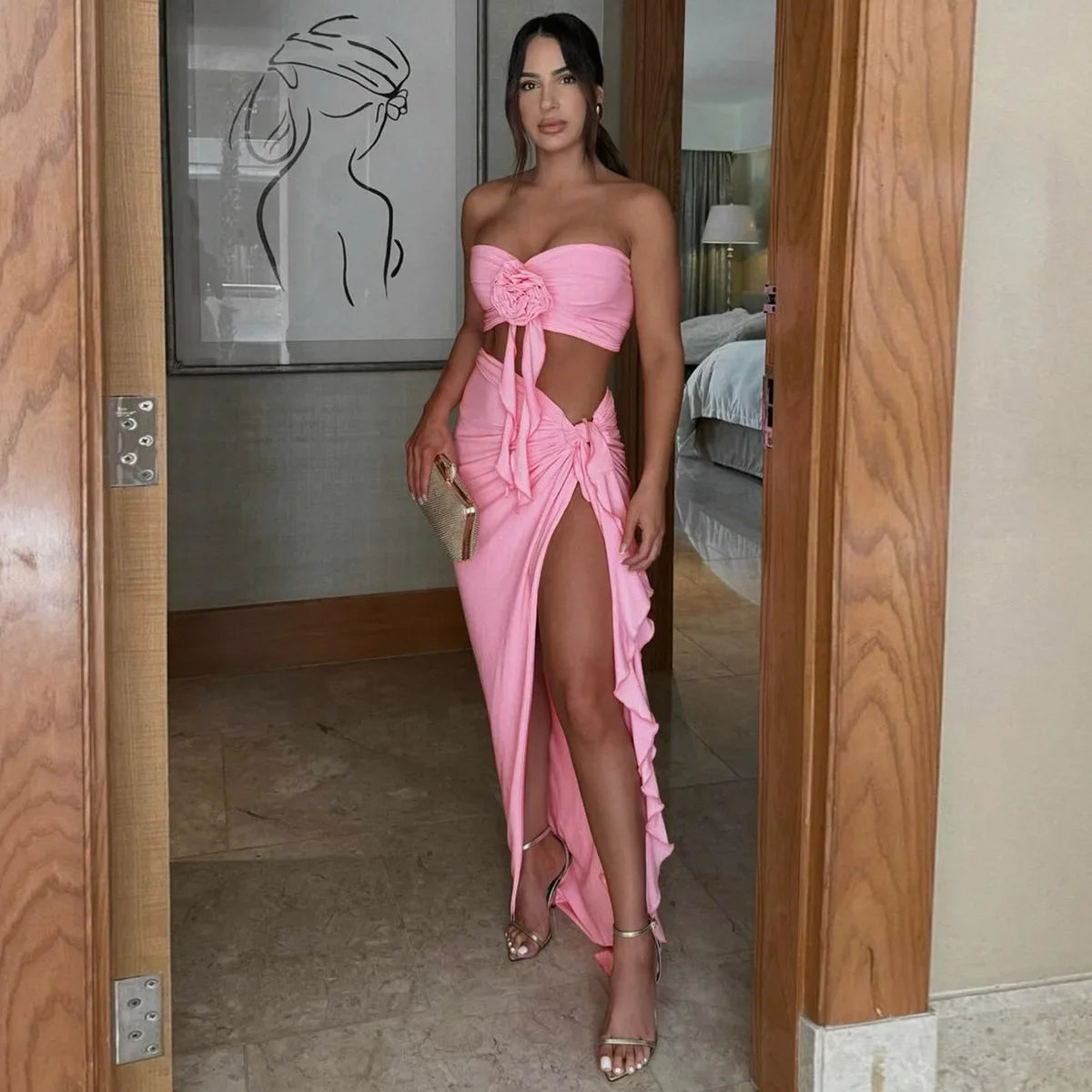 Women's Elegant Two Pieces Dresses Suits Flower Corset Top and High Slit Long Skirts Matching Sets Red Pink Vacation Outfit 2026