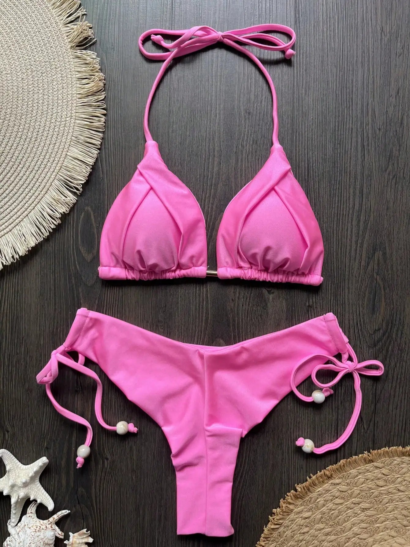 Solid color bikini set 2026 women's new swimsuit 2-piece set bead neck hanging bikinis summer beach Swimwear