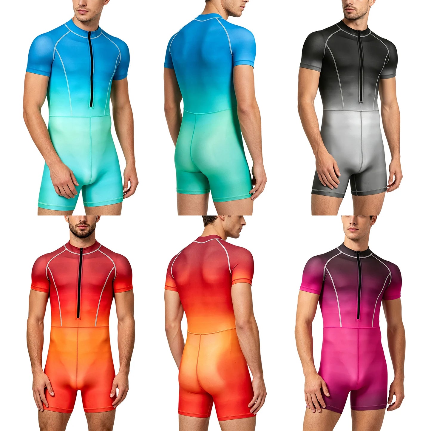 Men Gradient Bodysuit Rash Guard Swimwear Wetsuit Short Sleeve Zipper Bathing Suit Surfing Beach Pool Water Sports Wimsuit