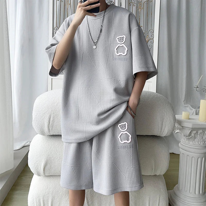 Casual Sportswear Set for Men Summer Short Sleeve Five-Quarter Pants Polyester Fiber Big Size Two-Piece Suit T-Shirt Shorts