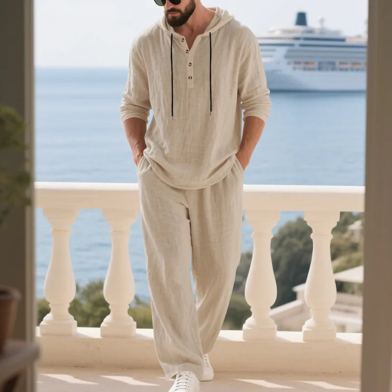 Men's Linen Hooded Sets 2 Piece Outfit Summer Casual Long Sleeve Hoodie and Wide Leg Pants Set for Men
