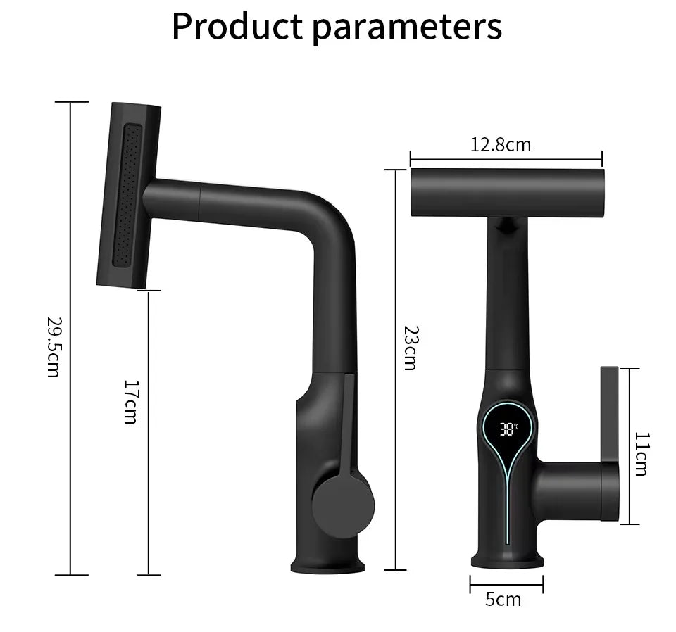 Lift Up Down Stream Sprayer Hot Cold Water Sink Mixer Wash Tap For Bathroom Waterfall Temperature Digital Display Basin Faucet