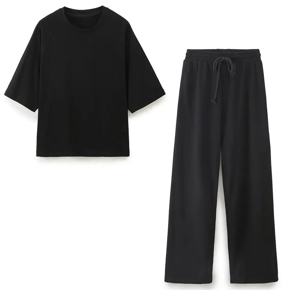 HH Summer Women Casual T Shirt Pant Sets Elegant Pink O Neck Short Sleeve T-Shirt + Drawstring Loose Trousers Spring Suit