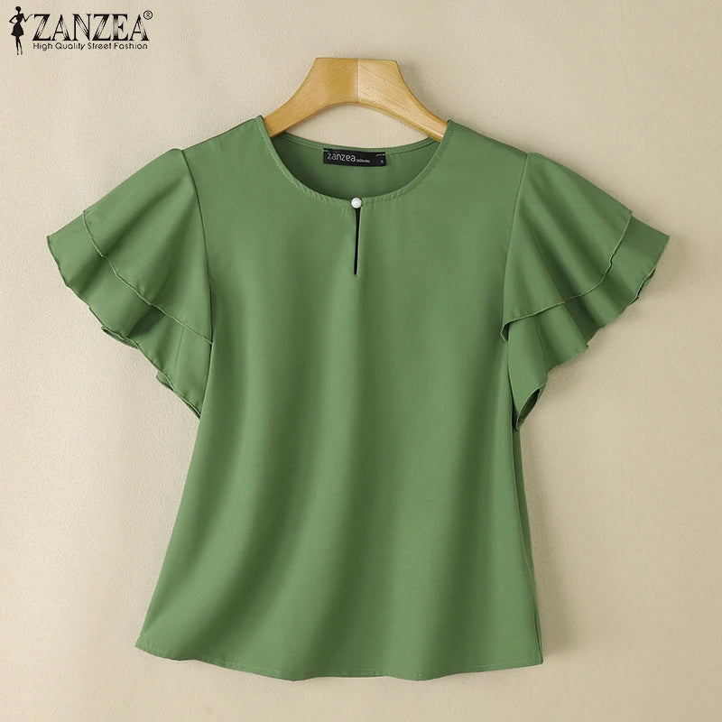 2026 ZANZEA Summer Elegant Short Sleeve Office Blouse Women Shirt Casual Solid OL Work Tops Fashion O Neck Holiday Tunic Mujer