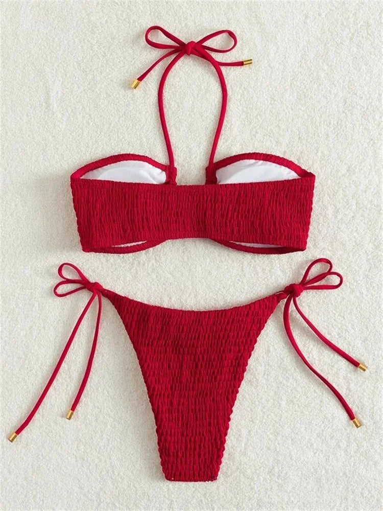 Sexy Triangle Bikini 2026 Women Red Black Ribbed Push Up Micro Swimsuit Cut Out Metal Designer Bathing Suit Knot Thong Swimwear