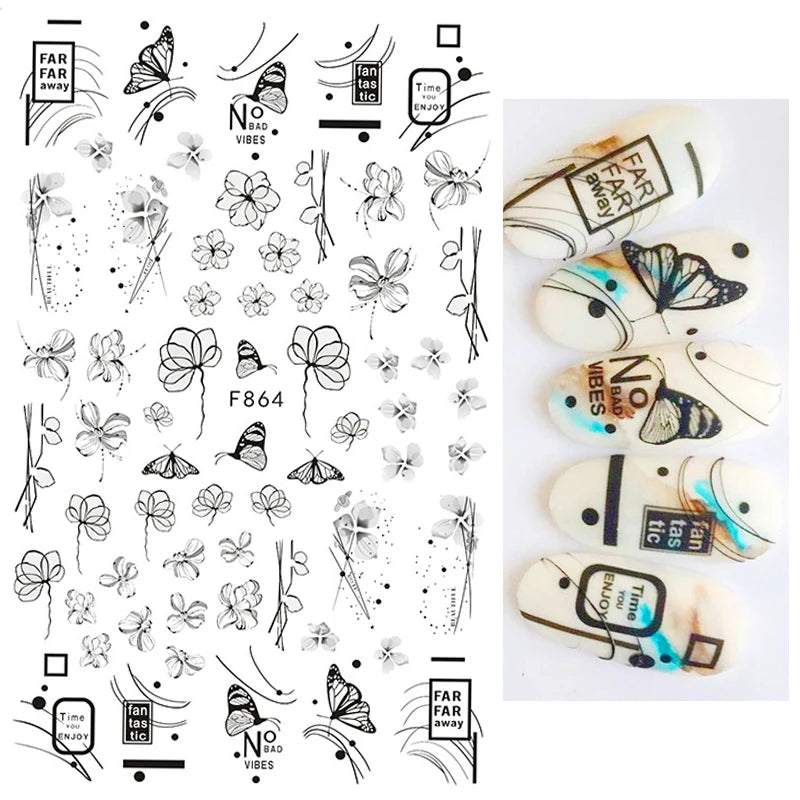 1PCS Black White Butterfly Laser Nail Stickers Y2K Nail Art Decoration Abstract Lines Bronzing Flowers Stickers For Nails