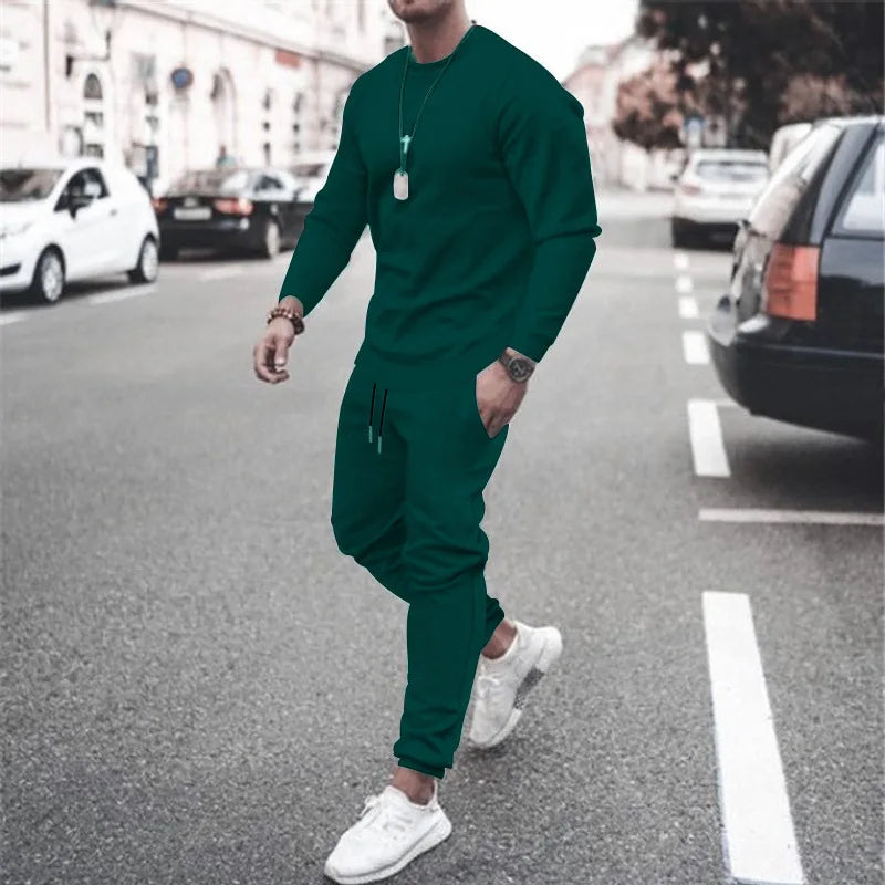 Men's Two-Piece Set O-Neck 2 Pieces Sets Tracksuit Hooded Sweatshirt +Drawstring Pants Male Sport Hoodies Running Sportswear