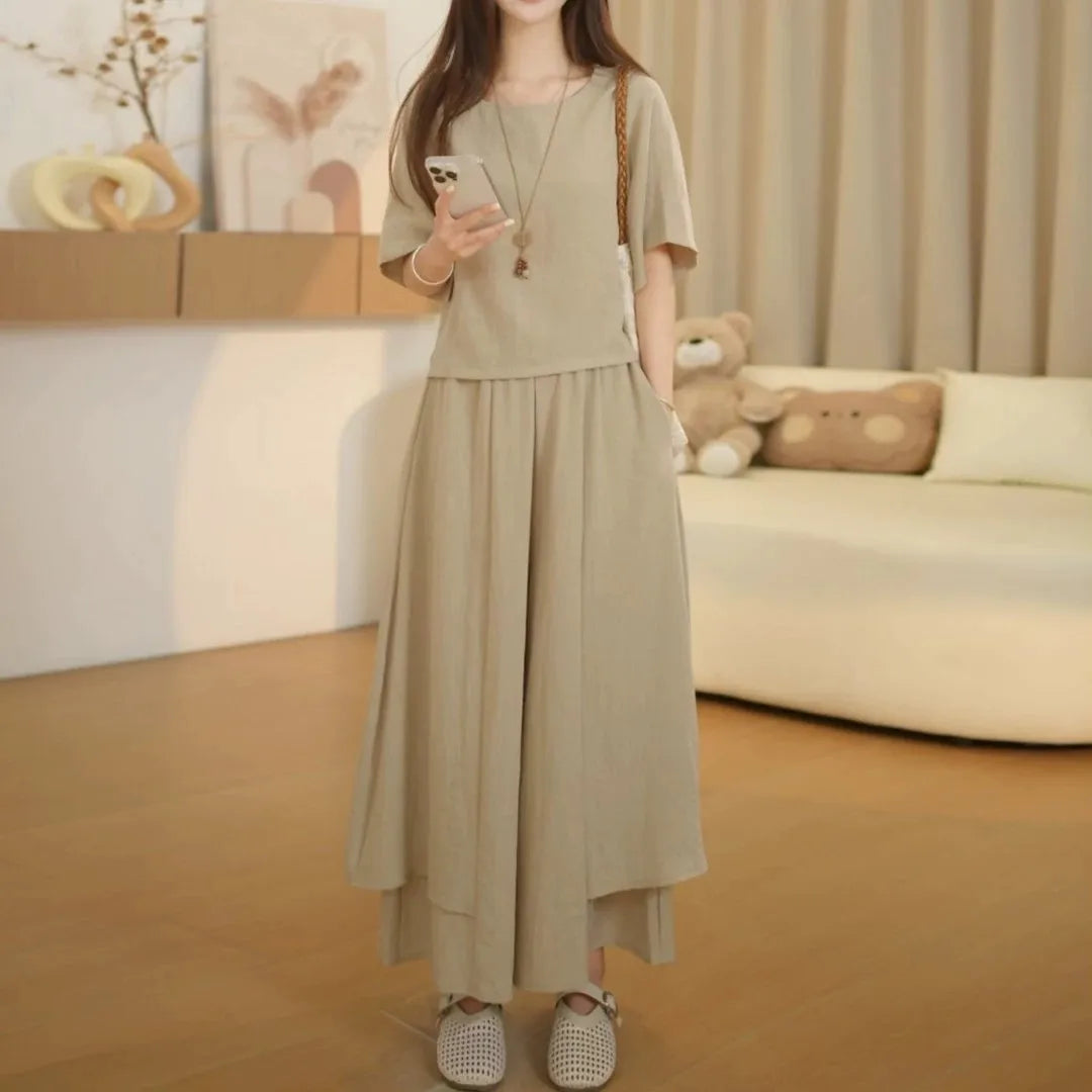 Fashionable Summer Outfit Women's Slimming Short Sleeve T-Shirt Skirt Pants Drapey Casual Meat Concealing Two-Piece Set