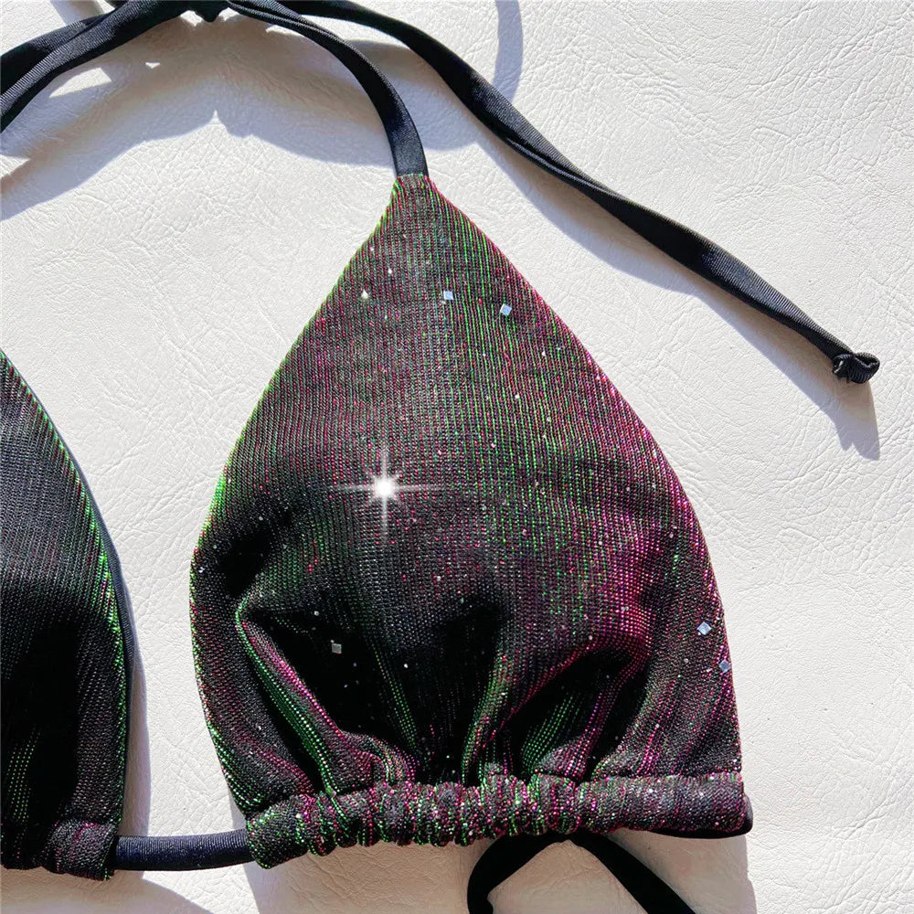 Shiny Purple String Halter Swimwear Triangle Bikinis Sets Swimsuit 2026 Women Micro Thong Lace-up Bathing Suit Sexy Bikini Mujer