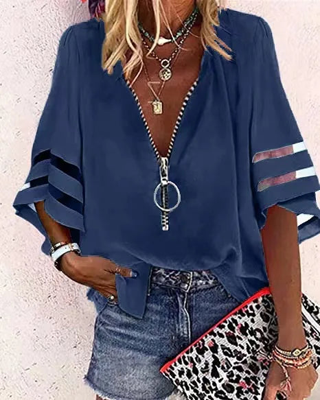 Summer Shirt Elegant Women Lace Patchwork Flared Sleeve Mesh White Blouse Women Zipper V-Neck Loose Casual Tops Streetwear Femal