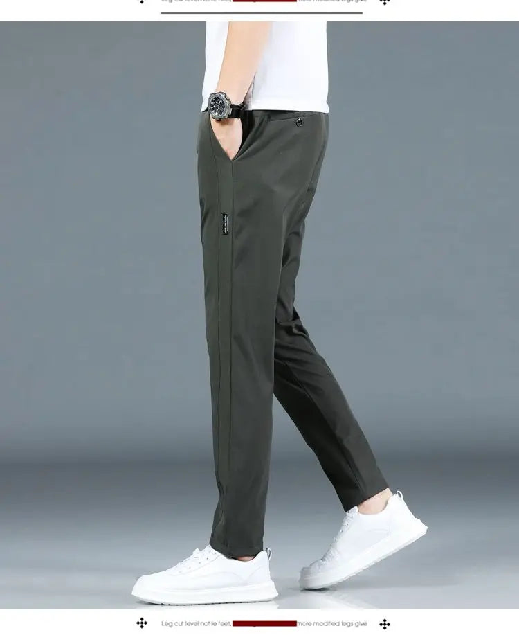 Ice silk men's pants 2025 summer new black gray thin business casual pants outdoor elastic breathable straight leg sports pants