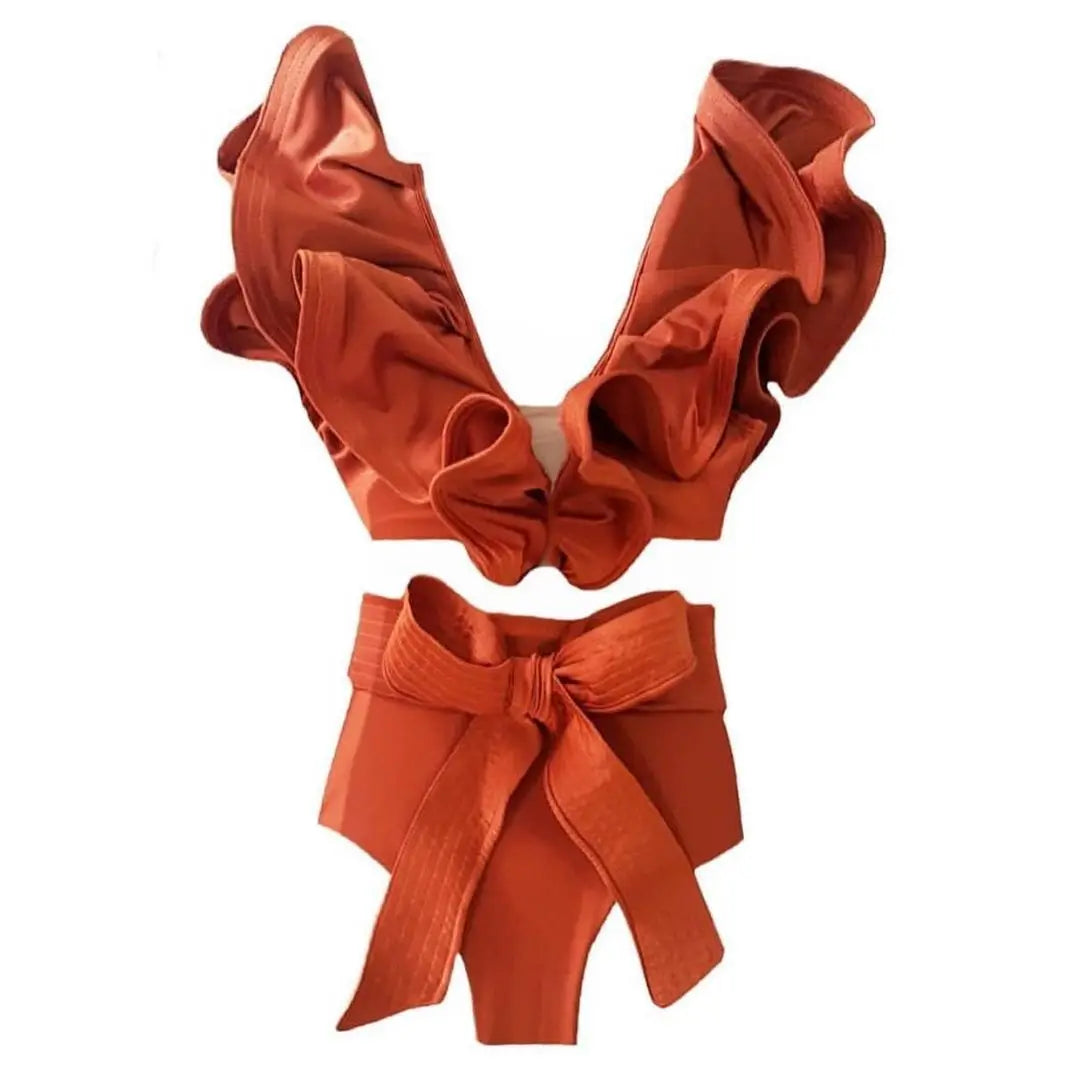 2026 Sexy Bikini Set Women High Waist Classic Off Solid Ruffle Sleeves Swimwear Red Separate Deep V Swimsuit Vintage Beach Set