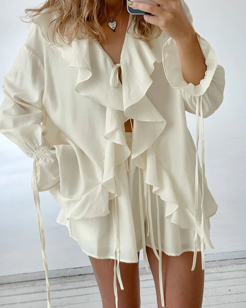 Tornova Women's Ruffled Shorts Sets V Neck Loose Lace Up Shirt Loose Through Sexy Casual Shorts Female Spring New Matching Sets