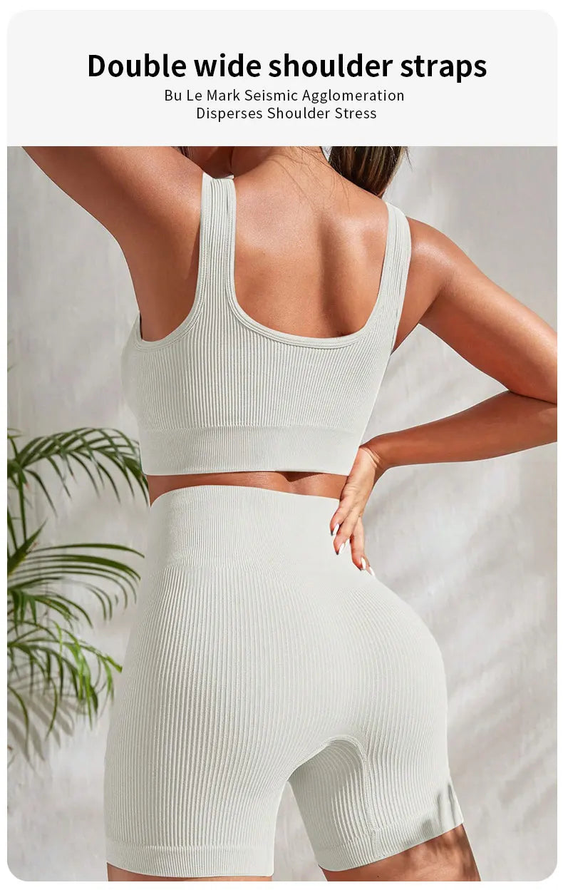 Seamless Ribbed Fitness Set for Women Solid Color Knit 2 Piece Workout Outfit Crop Tank High Waist Shorts Yoga Running