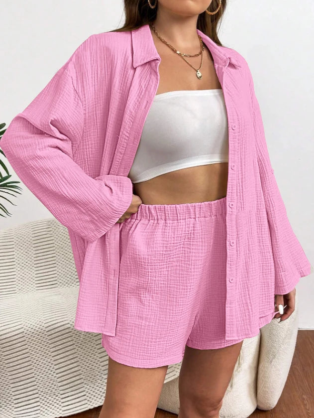 Solid Color Casual Loose Short Pants Sets For Women 2025 Elegant Summer Women's Two Pieces Suit Full Set Female Outfit Clothes