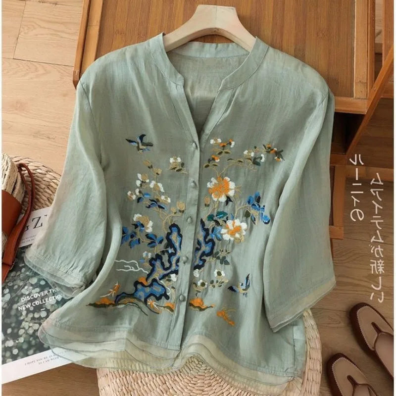 Luxury Embroidery Vintage Shirts Summer Women's Clothing Trends Tops Casual Cardigan Loose Short Coat Patchwork Buttons Blouses