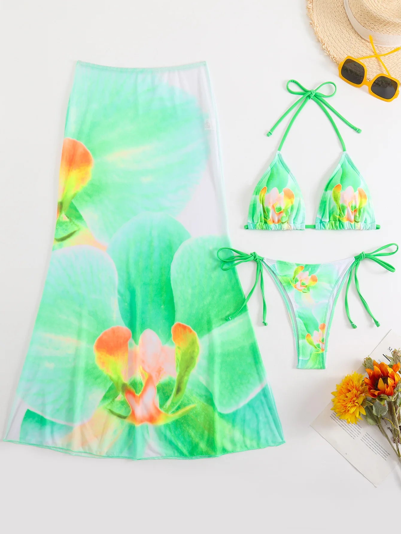 2026 New Flower Print Bikini Set Women's High Waist Long Skirt 3 Piece Swimsuit Sexy Mini Triangle Backless Thong Bathing Suit