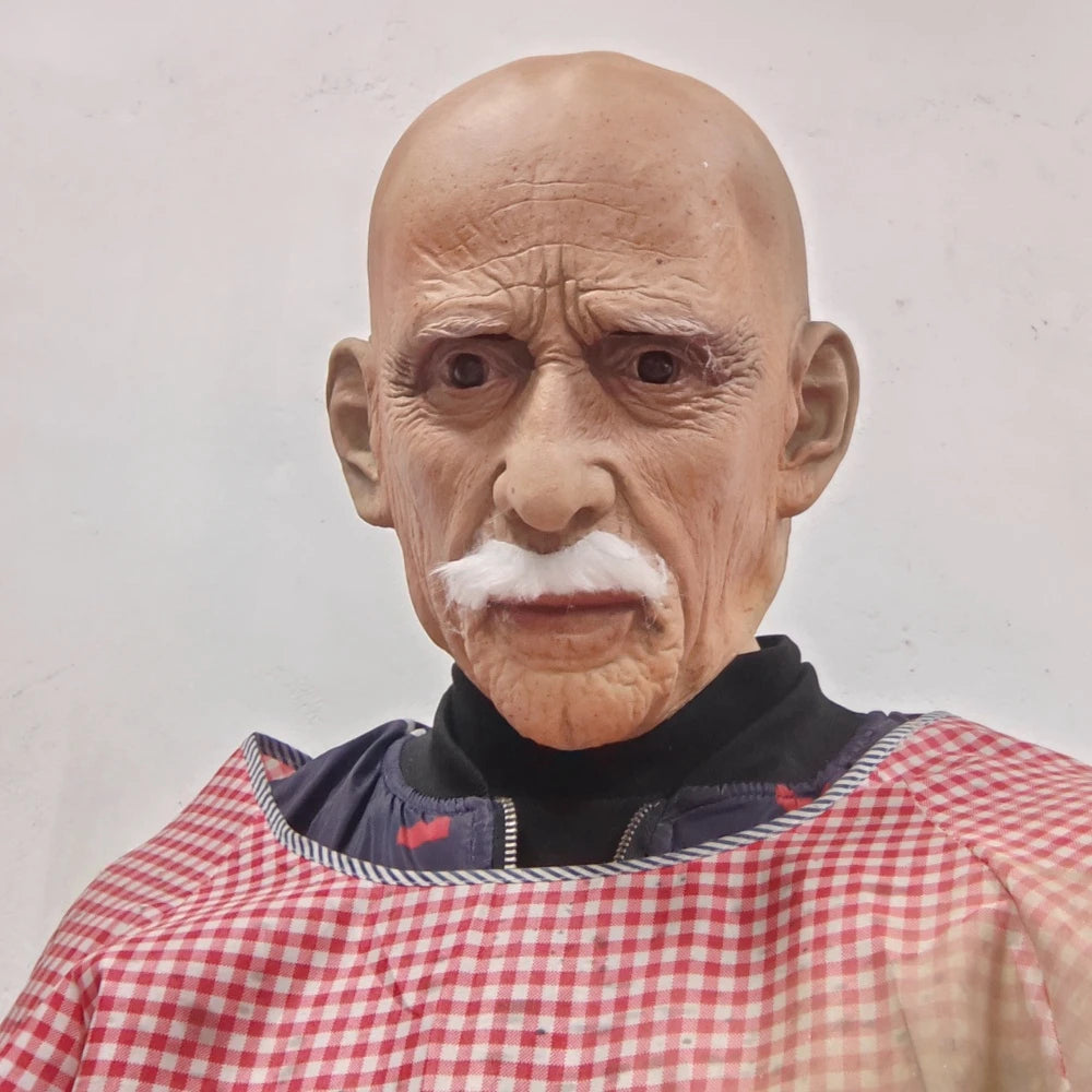 Realistic Full Head Latex Mask with Beard for Men Halloween Costume Party Prop Old Man Cosplay Headgear