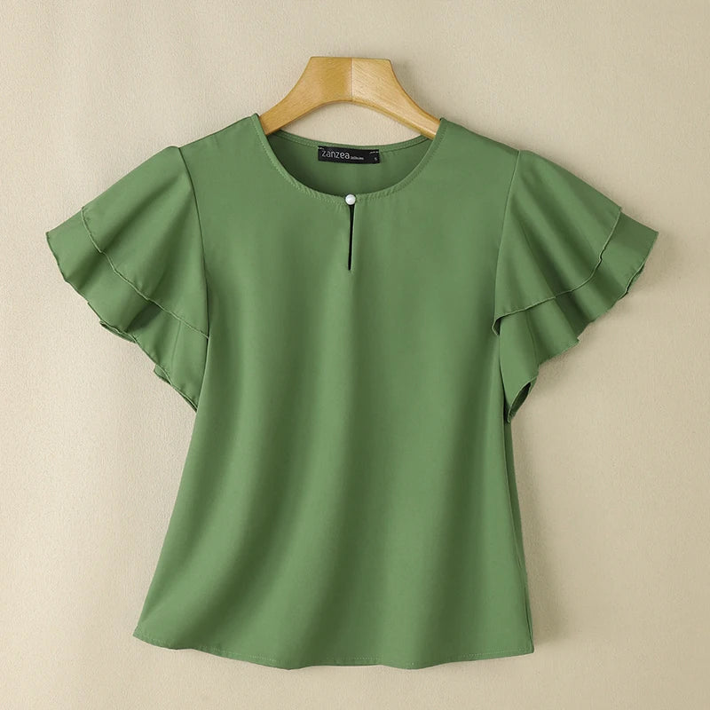 2026 ZANZEA Summer Elegant Short Sleeve Office Blouse Women Shirt Casual Solid OL Work Tops Fashion O Neck Holiday Tunic Mujer