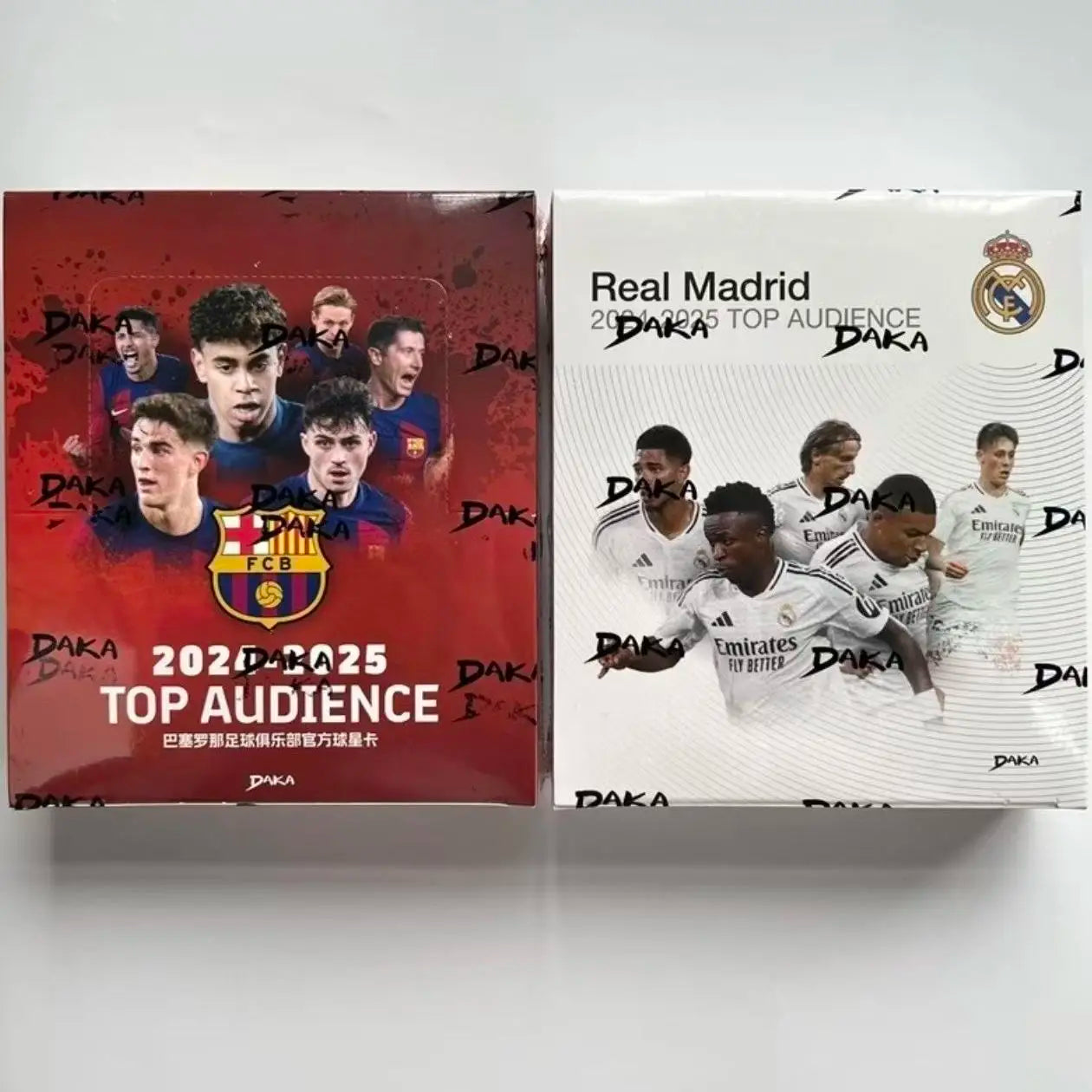 Authentic DAKA Top Audience 2024-2025 Barcelona & Real Madrid Team Jerseys with Autographed Cards and Player Logos.