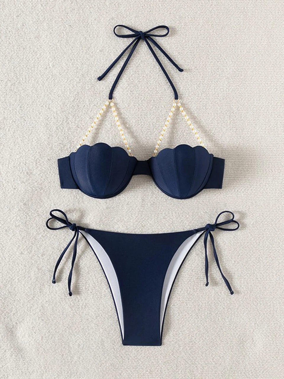 Solid String Pearls Bikini Women Push Up Sea Shell Swimsuit Ruffle High Waist Swimwear Female Bathing Swim Suit Bather Beachwear