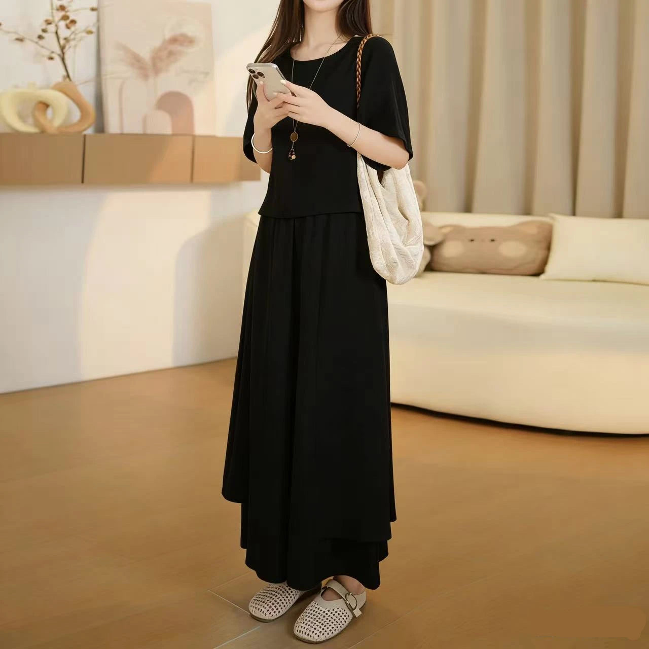 Fashionable Summer Outfit Women's Slimming Short Sleeve T-Shirt Skirt Pants Drapey Casual Meat Concealing Two-Piece Set