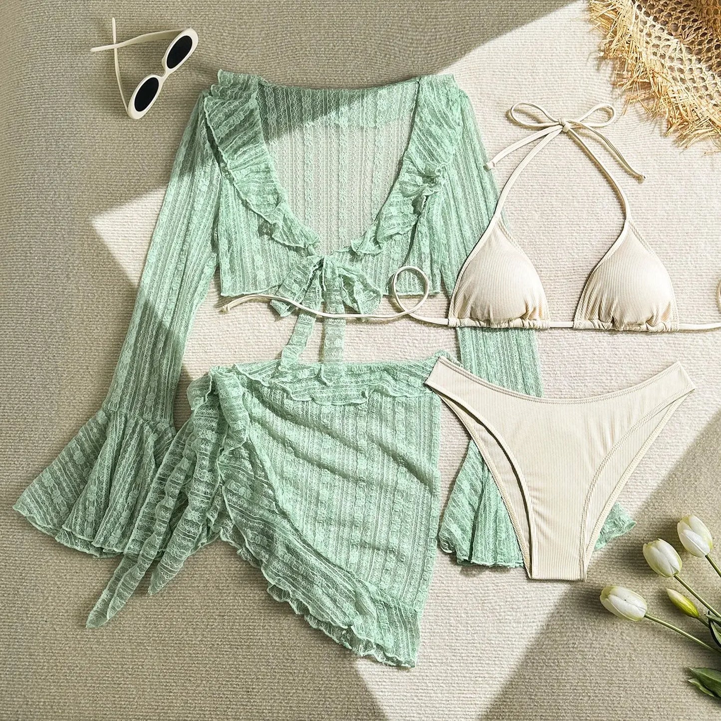 Sexy 4 Pieces Bikinis Sets Women Mesh Long Sleeve Cover Up Beach Skirt Swimwear Holiday Beach Bathing Suit Patchwork Swimsuit