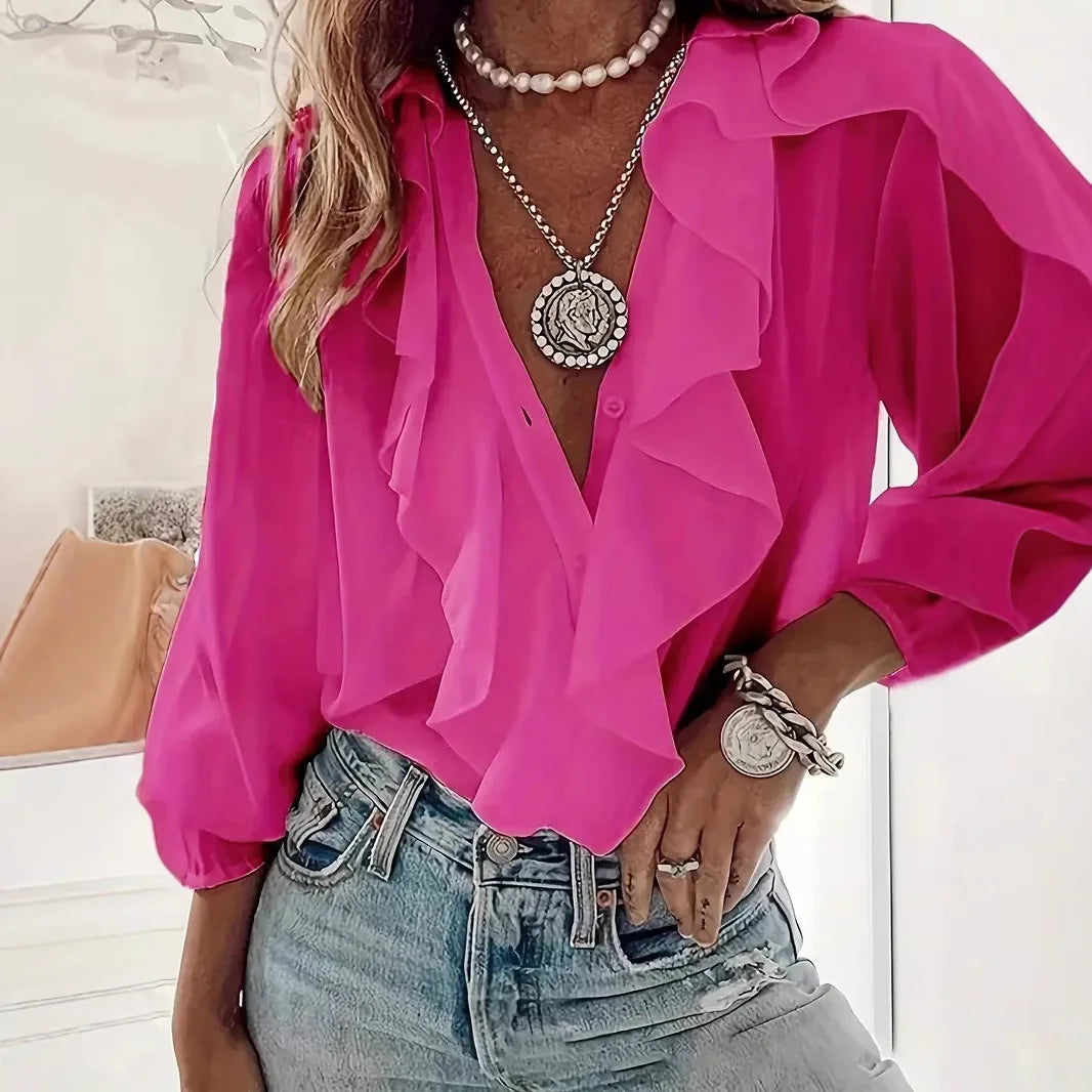 Fashion Ruffles V-neck Blouse Women 2024 Summer Casual Long Sleeve Solid Color Shirts Blouses Tops Femme
