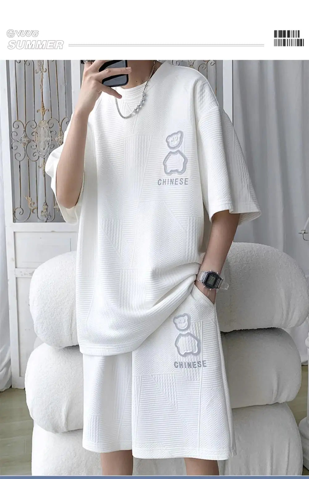 Casual Sportswear Set for Men Summer Short Sleeve Five-Quarter Pants Polyester Fiber Big Size Two-Piece Suit T-Shirt Shorts