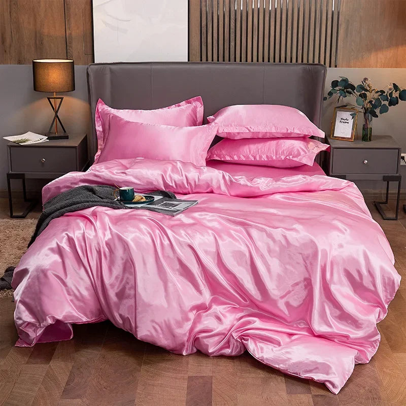 Solid Color Silk-like Bedding European and American Bed Sheet Quilt Cover Pillowcase