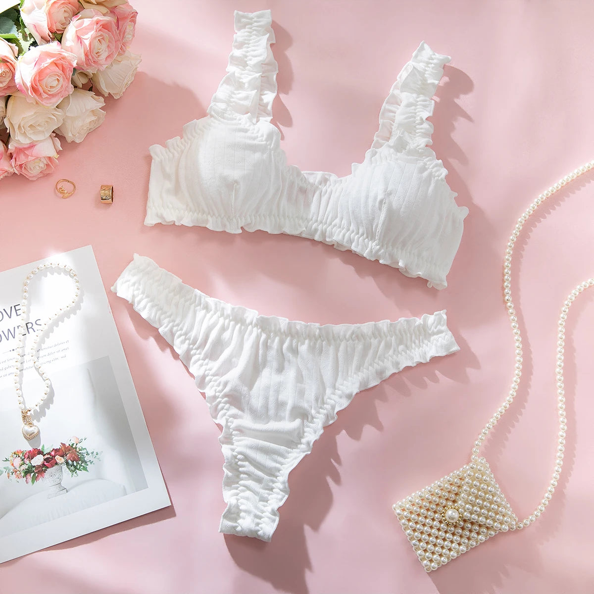 Sexy Women  Ruffle Edge Lingerie Set Breathable Hollow Eyelet Texture Bralette & High‑Cut Thong Soft Cotton Daily Intimate Wear