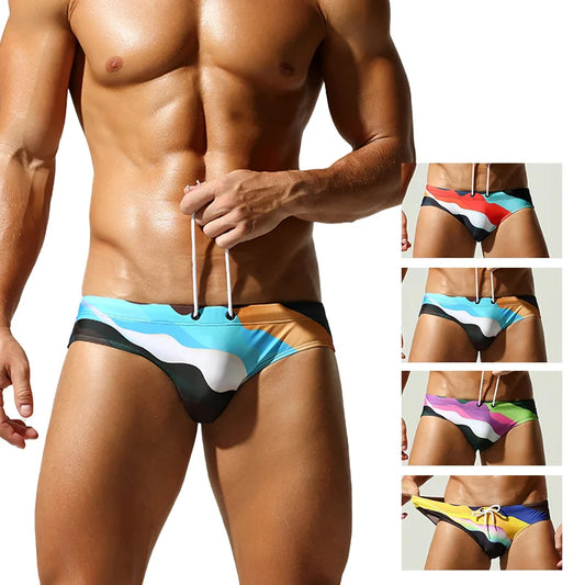 Men's Quick Dry Swim Briefs Colorful Wave Print Drawstring Bikini Trunks Low Waist Beach Swimwear Bathing Suits for Men swimsuit