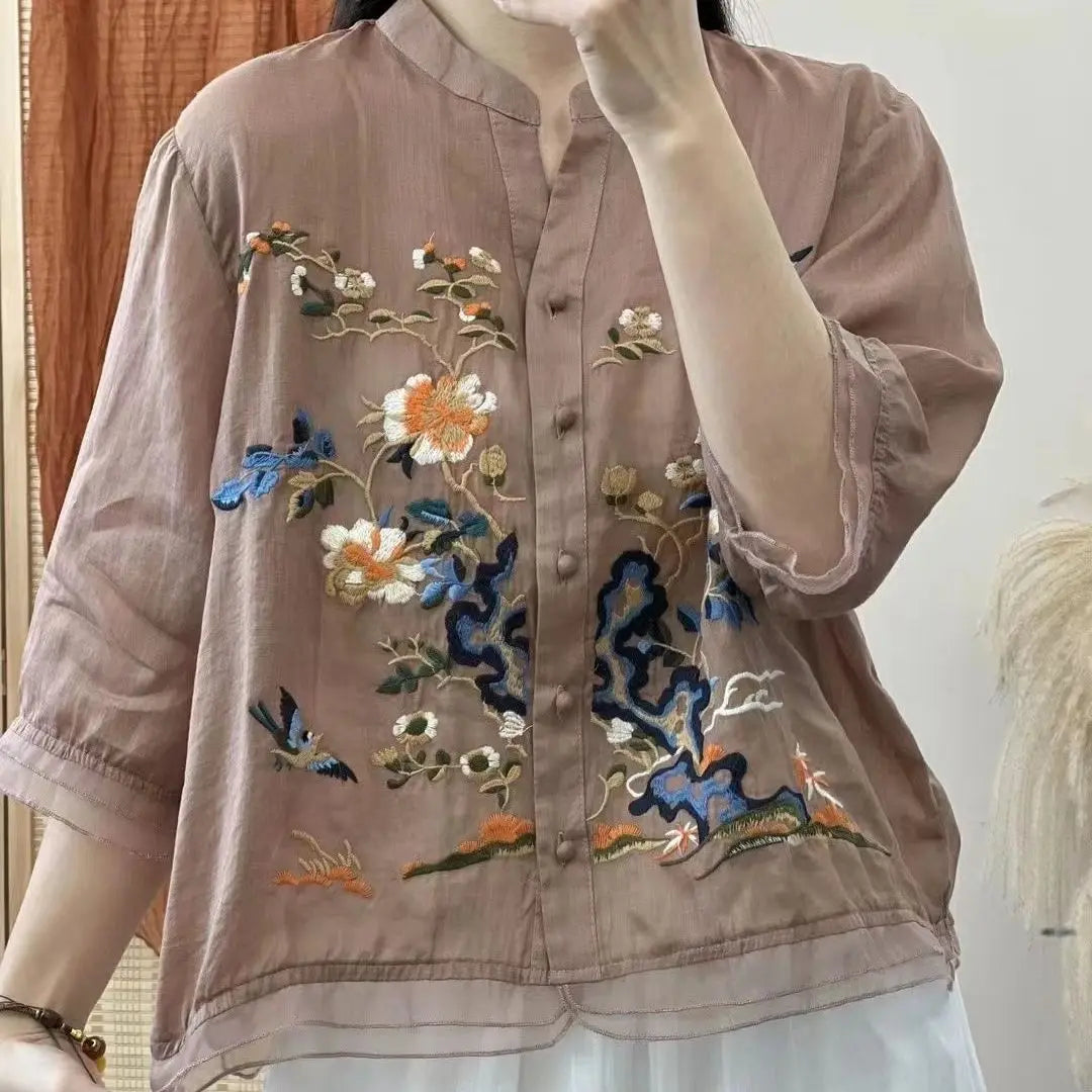 Luxury Embroidery Vintage Shirts Summer Women's Clothing Trends Tops Casual Cardigan Loose Short Coat Patchwork Buttons Blouses
