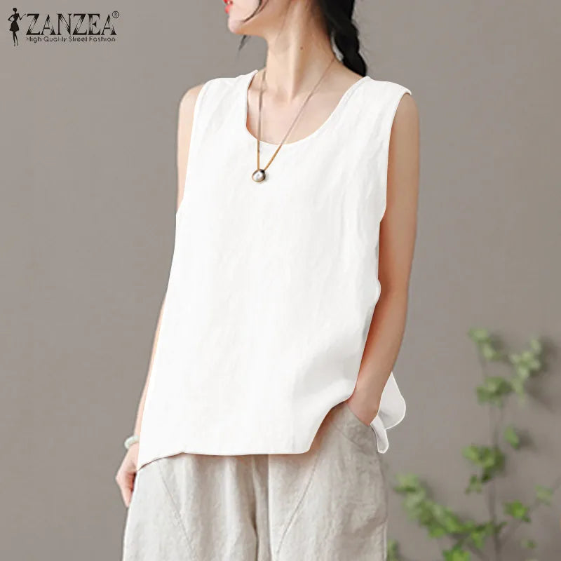 2024 ZANZEA Fashion Summer Beach Shirt Women O Neck Sleeveless Tanks Tops Female Party Solid Loose Blouse Elegant OL Work Blusas