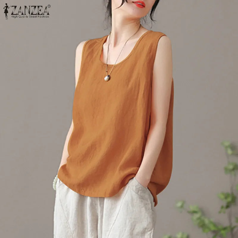2024 ZANZEA Fashion Summer Beach Shirt Women O Neck Sleeveless Tanks Tops Female Party Solid Loose Blouse Elegant OL Work Blusas