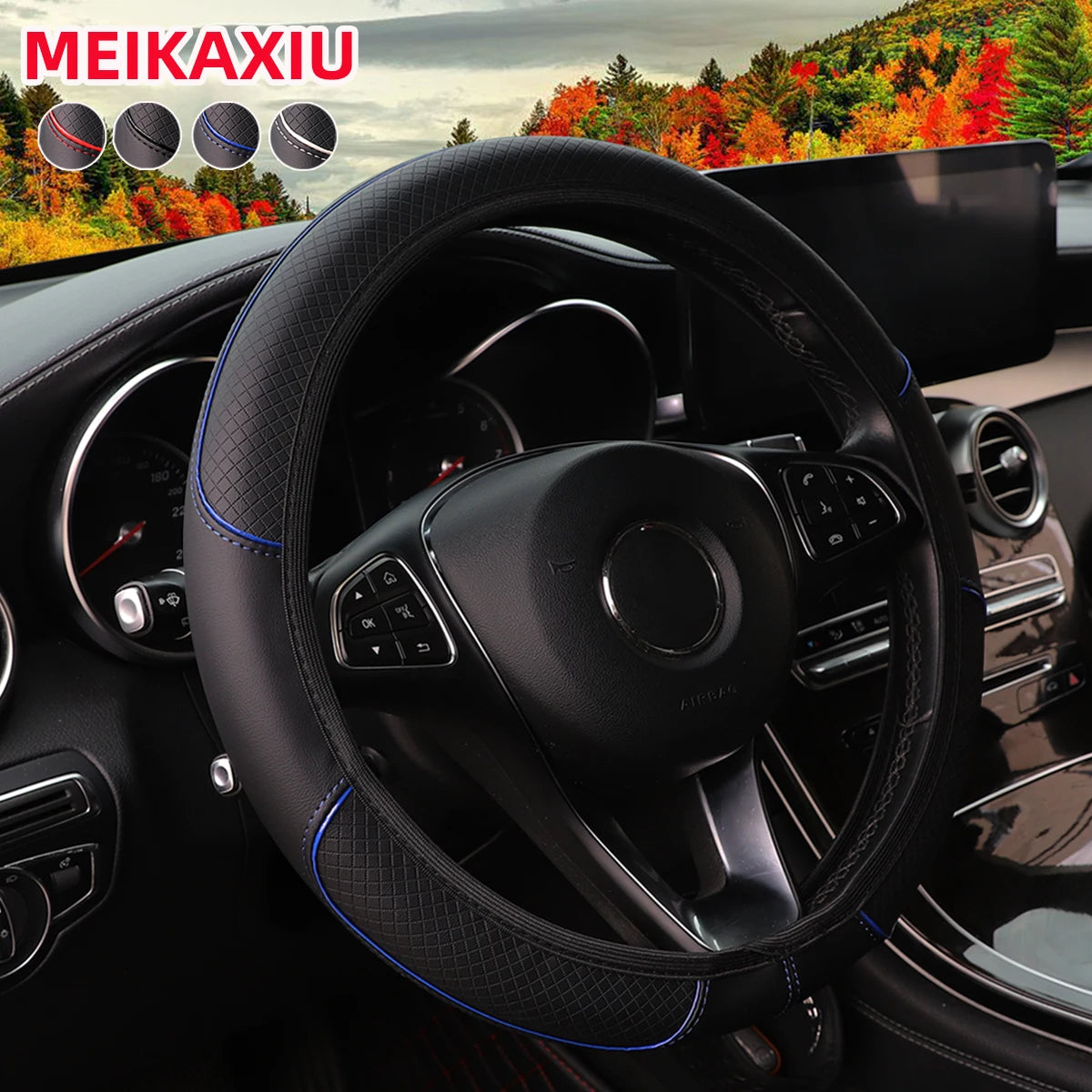 PU check-pattern embossed leather trim for car non-ring steering wheel cover for car interior accessories 37-38cm