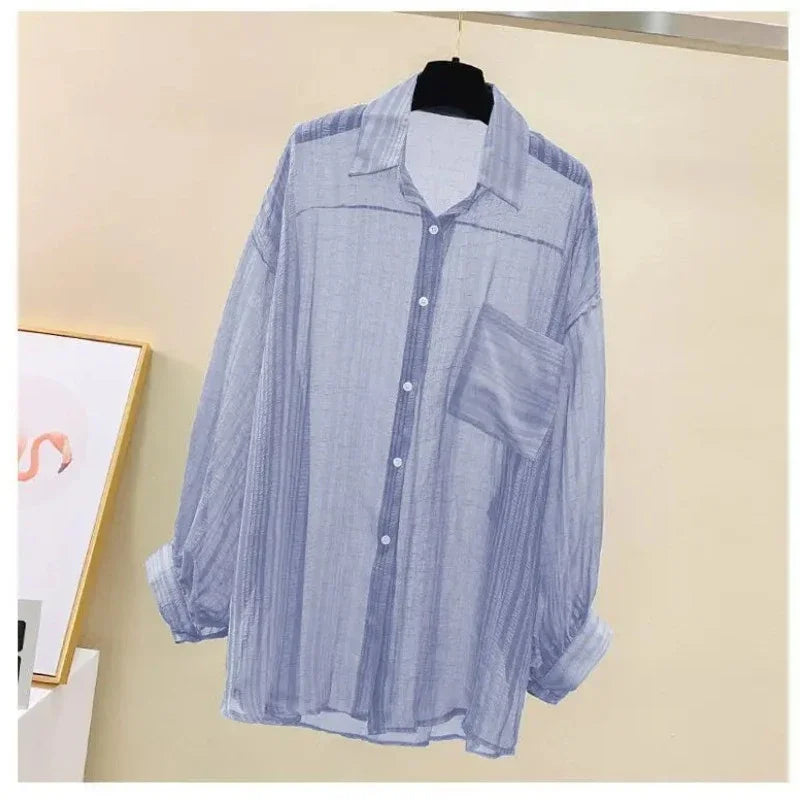 Summer Women's Elegant Chiffon Sunscreen Shirt Korean Harajuku Style See-Through Loose Blouse Thin Perspective Cardigan Yk2 Tops