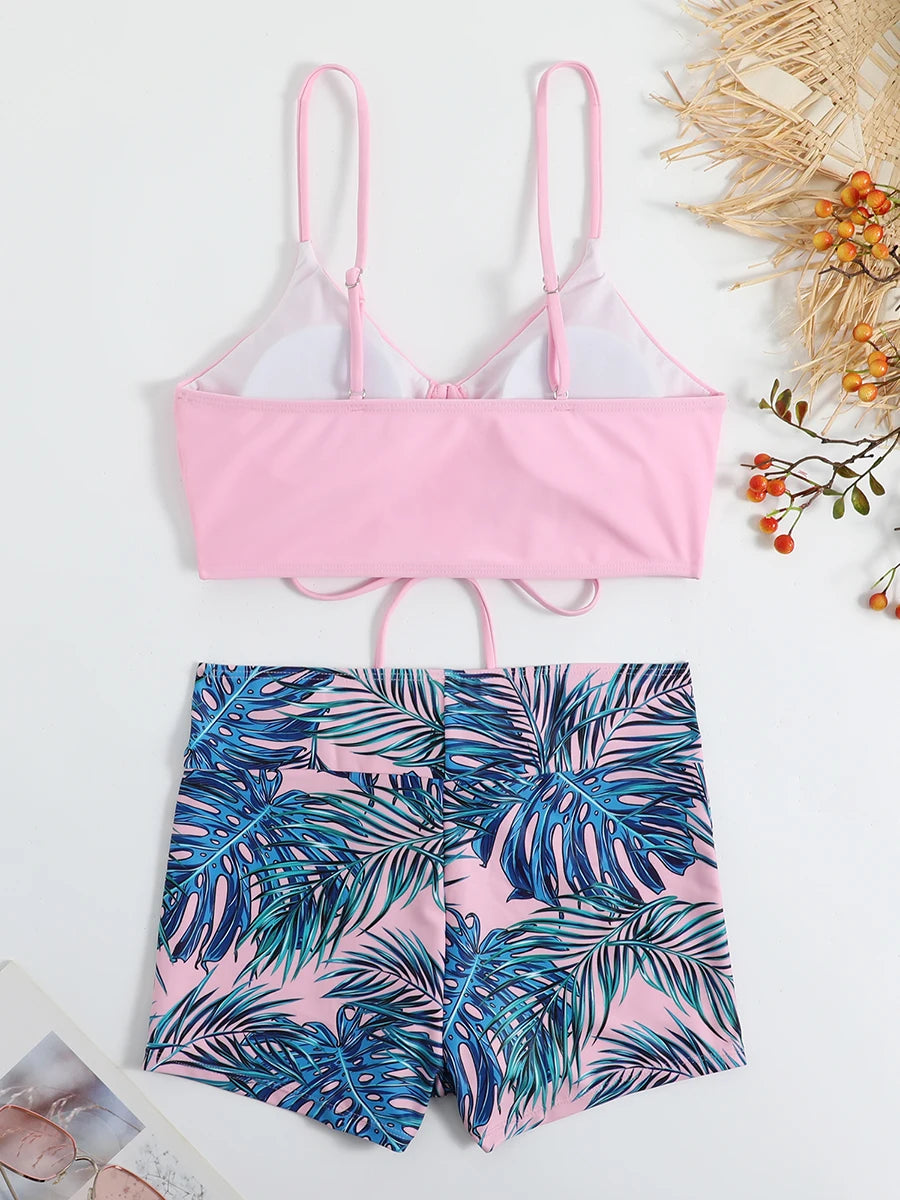 Tropical Print Drawstring Bikini 2026 Women High Waist Swimsuit Tie Front Shorts Swimwear Female Bathing Suit Swimming Summer