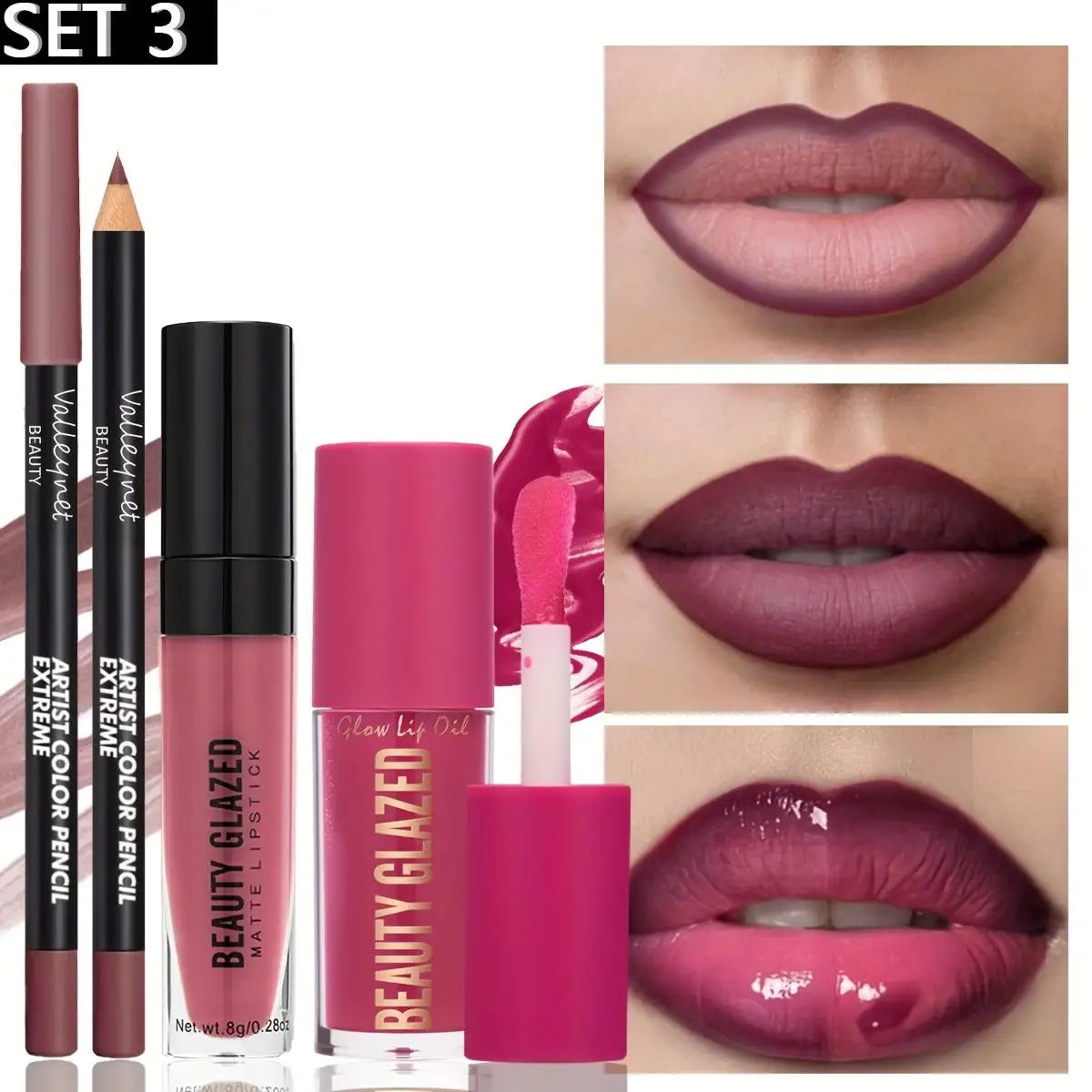 3pcs/Set Makeup Set: Matte Lip Liner+Lip Glaze+Moisturizing Lip Oil,Long-Lasting And Easy to Color,Waterproof And Sweat-Proof
