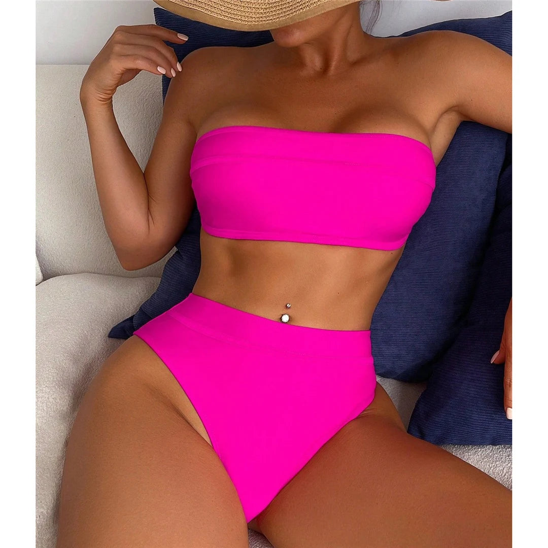 Sexy Bandeau High Leg Cut Female Swimsuit High Waist Bikini Women Swimwear Two-pieces Bikini set Bather Bathing Suit Swim V5444