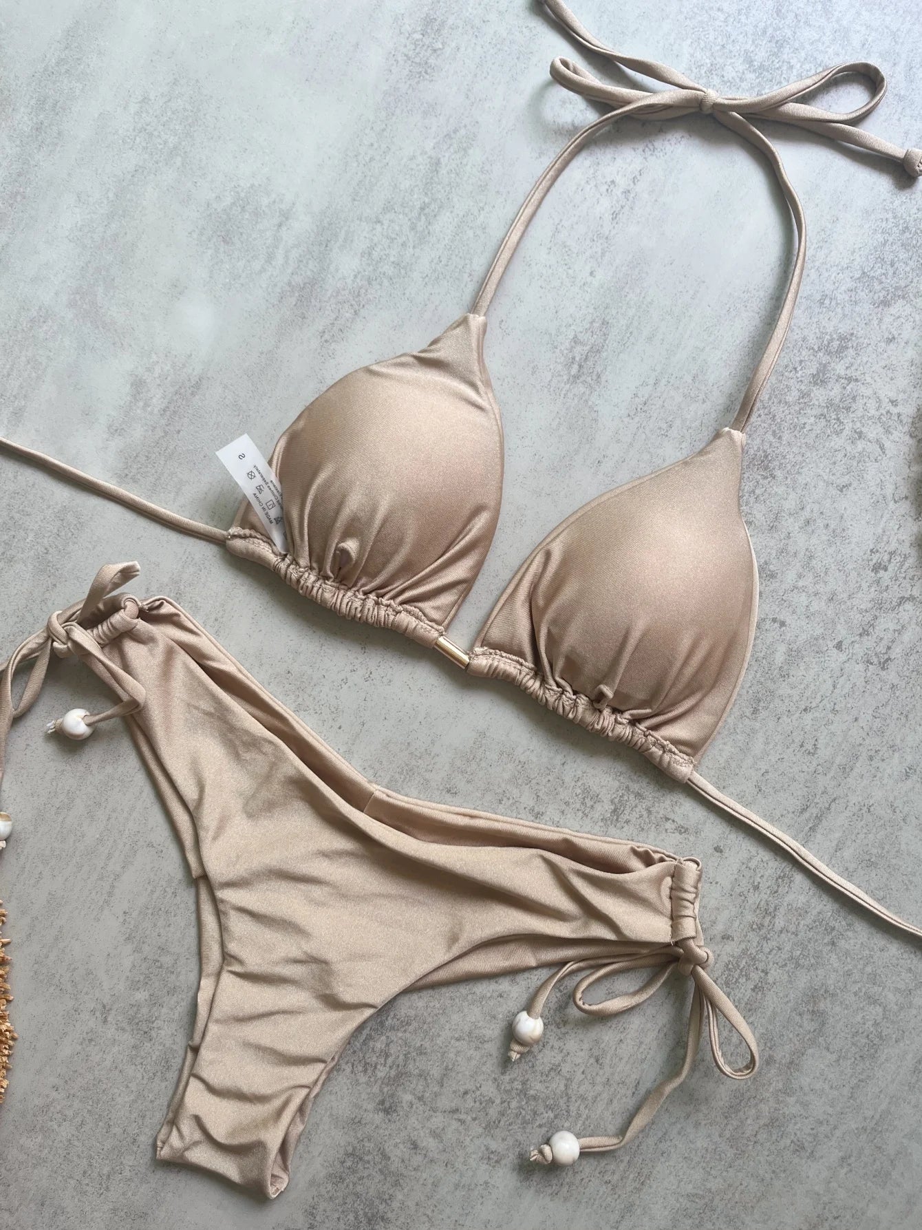 Solid color bikini set 2026 women's new swimsuit 2-piece set bead neck hanging bikinis summer beach Swimwear