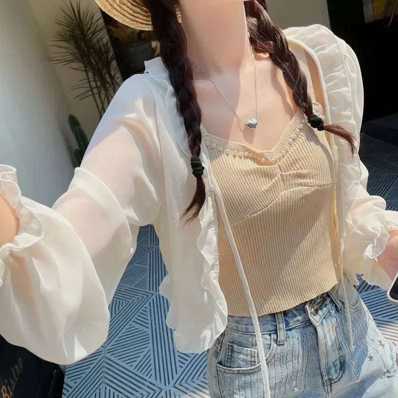 Summer Ruffled Shawl Solid Color Chiffon Women's Long Sleeve Thin Y2K Coat Cape Bolero Summer Wear Cloak Shrug  For Vacation