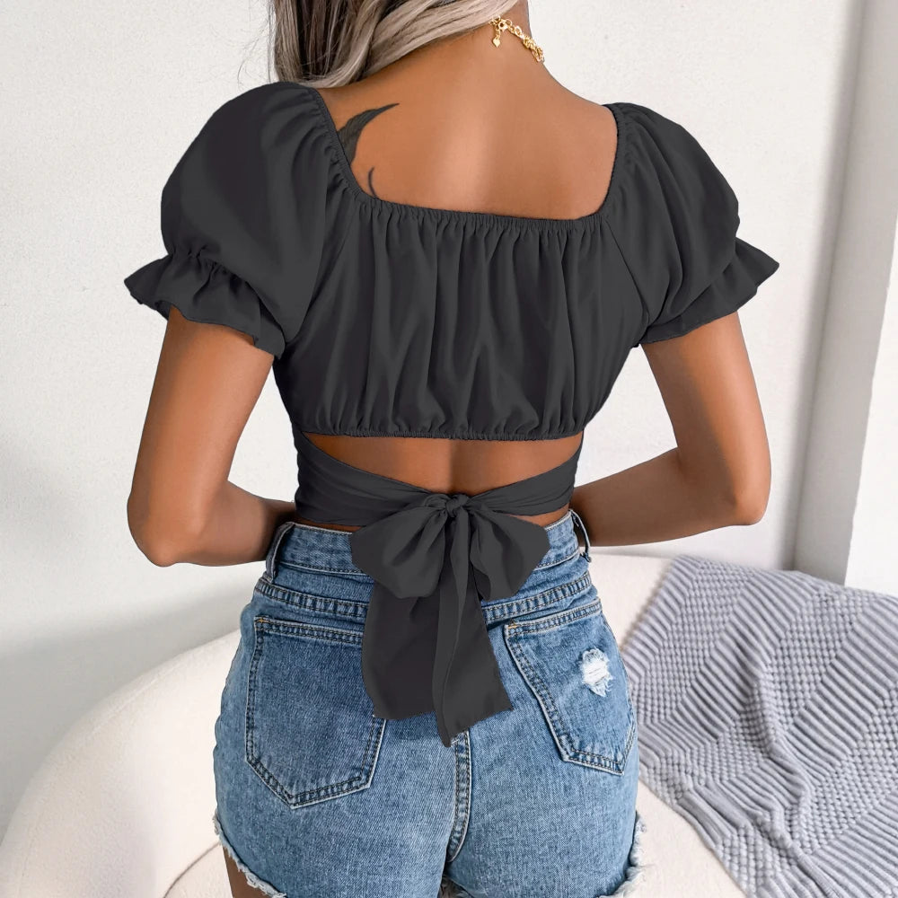 2026 Summer Women Casual Short Sleeve Square Collar Crop Top Solid Color Slim Tie Chiffon Blouse Blue Green Black Woman Clothes