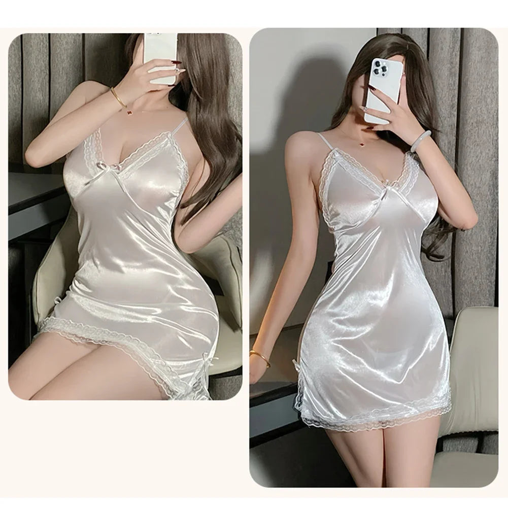 Sexy Lingerie for Women Satin Suspender Nightdress & Lace Teddy Bodysuit Sheer Thong Pajama Set  Bow Accents Slit Chemise